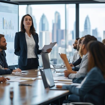 The image depicts a bustling office environment, filled with a diverse group of professionals gathered around a large conference table